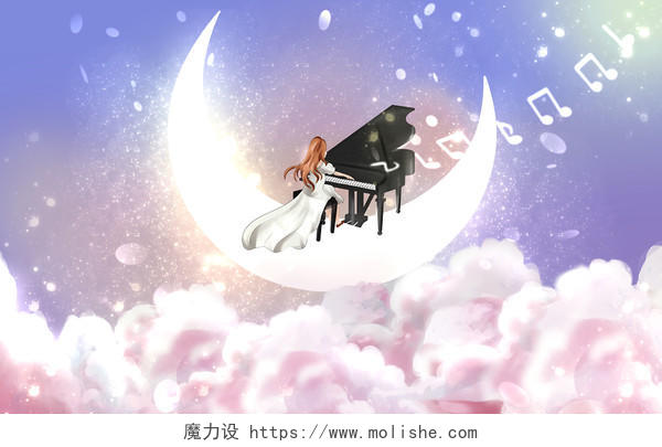 唯美钢琴月亮插画素材